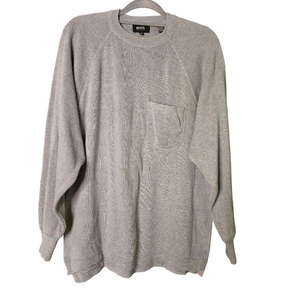 HUGO BOSS Men Sweater Crew‎ Neck Long Sleeve Grey Cotton Pocket Size M